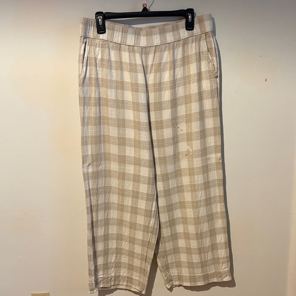 Isaac Mizrahi Beige Checkered Linen Ankle Pants